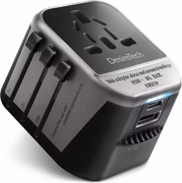 DESIRETECH 4-in-1 Travel Adaptor 2-Pack with USB-A and USB-C in Black and Grey