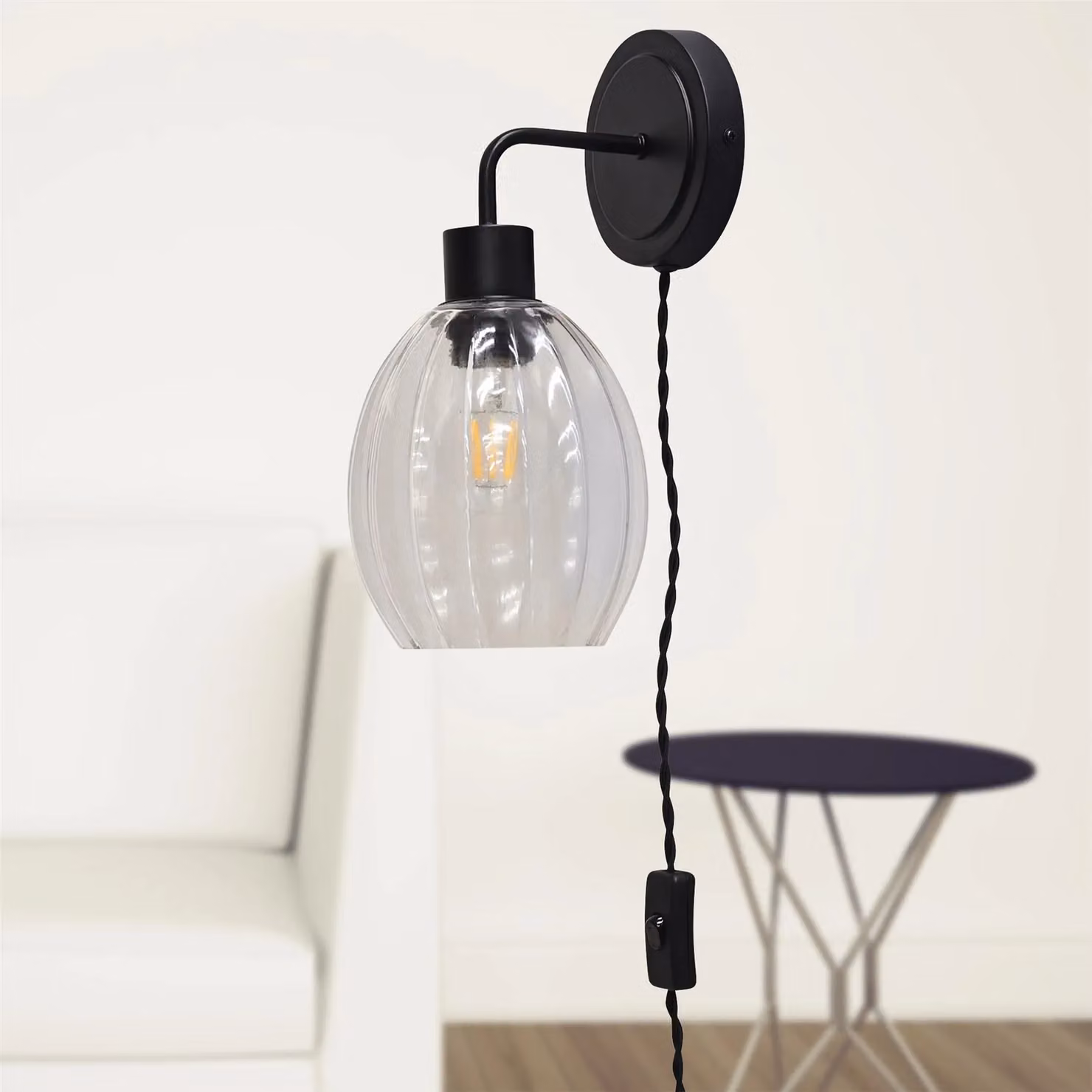 First Choice Lighting Toby Set of 2 Black Plug-in Wall Lights with Transparent Fluted Glass Shades – 3