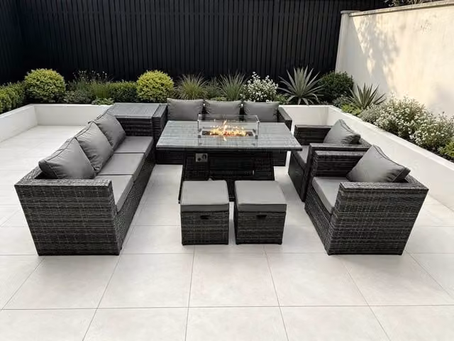 Fimous 10 Seater Outdoor Rattan Lounge Set in Dark Grey with Gas Firepit, Dining Table, Coffee Table and Upholstered Cushions