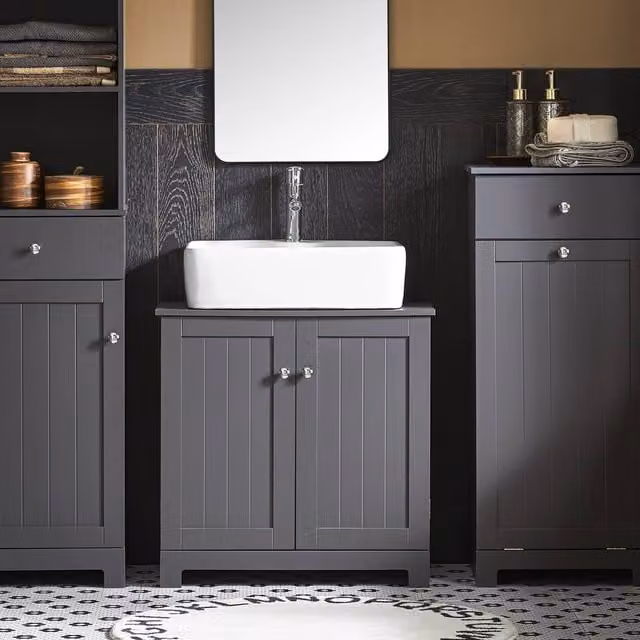 SoBuy Modern Under Sink Bathroom Cabinet in Dark Grey with Hinged Doors and Internal Shelves, Height: 60 cm – 1