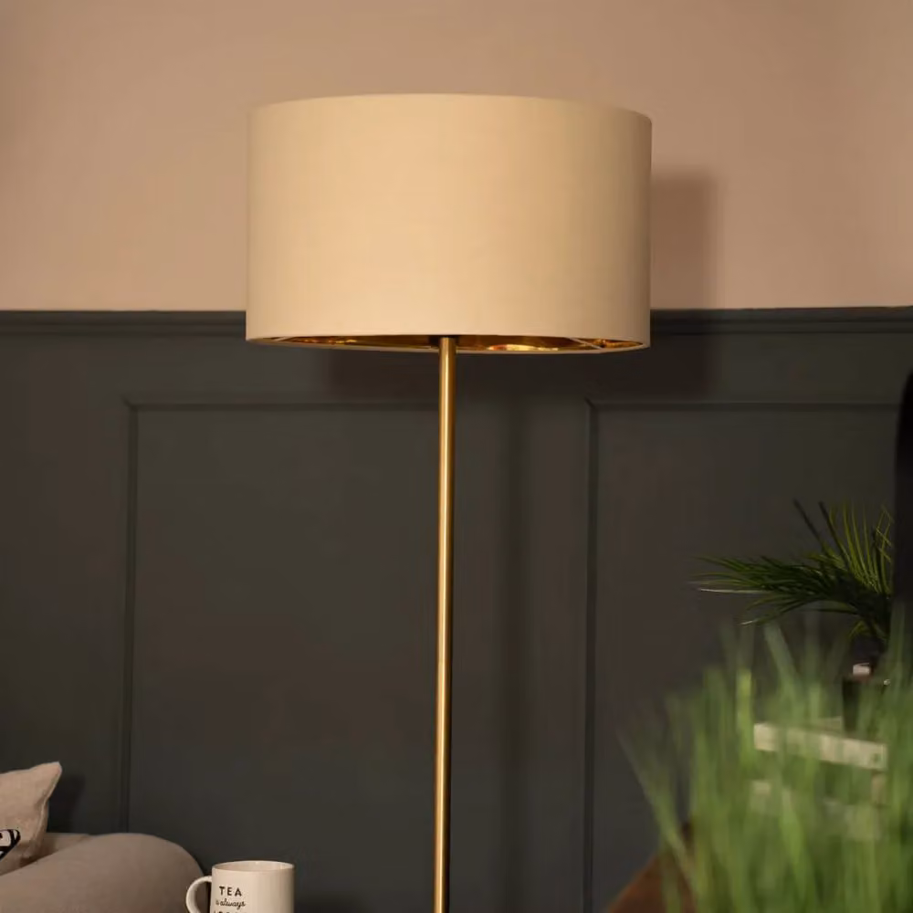 ValueLights Modern Floor Lamp with Gold Marble Base and Beige Fabric Cylinder Shade – 4