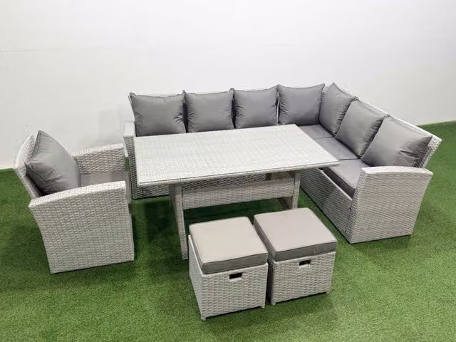 Fimous 9 Seater Rattan Garden Furniture Set with Corner Sofa and Dining Table in Light Grey