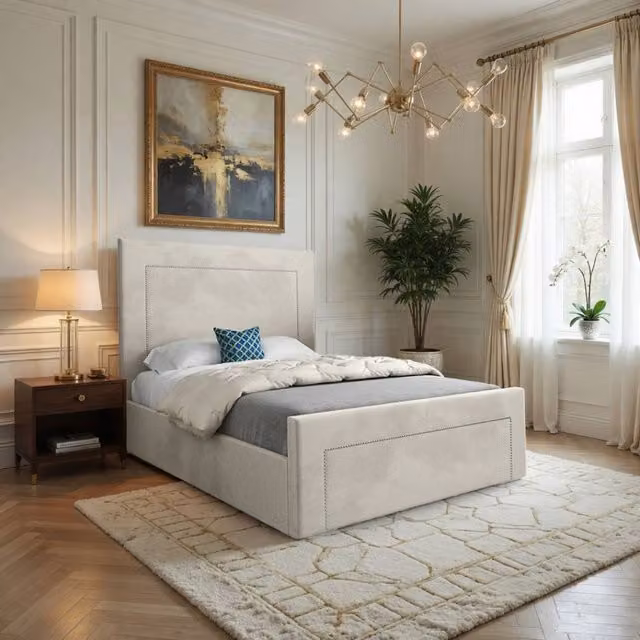 KDMD Lyminge Upholstered Designer Bed Frame in Beige Velvet, W/D/H: 120 x 83 x 137 cm