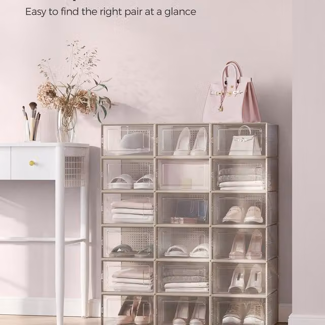SONGMICS Stackable Transparent Acrylic Shoe Storage Boxes, Brown, W: 33.3 cm, H: 14 cm, D: 14 cm