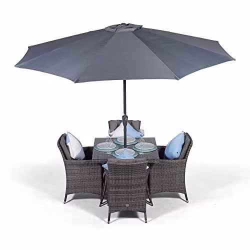 Giardino Savannah 4 Seater Rattan Garden Dining Set with Table, Chairs, Parasol and Cover in Grey and Brown with Aluminium Frame, W/D/H: 90 x 90 x 74 cm