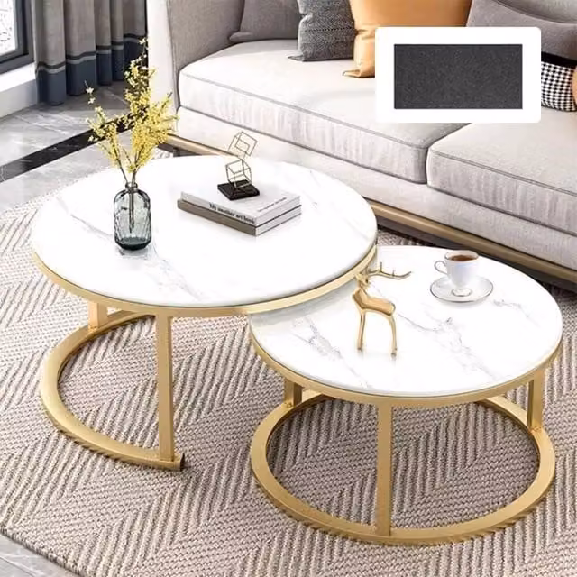 FORGEVIO Set of 2 Round Nesting Coffee Tables in White Marble Effect – 1