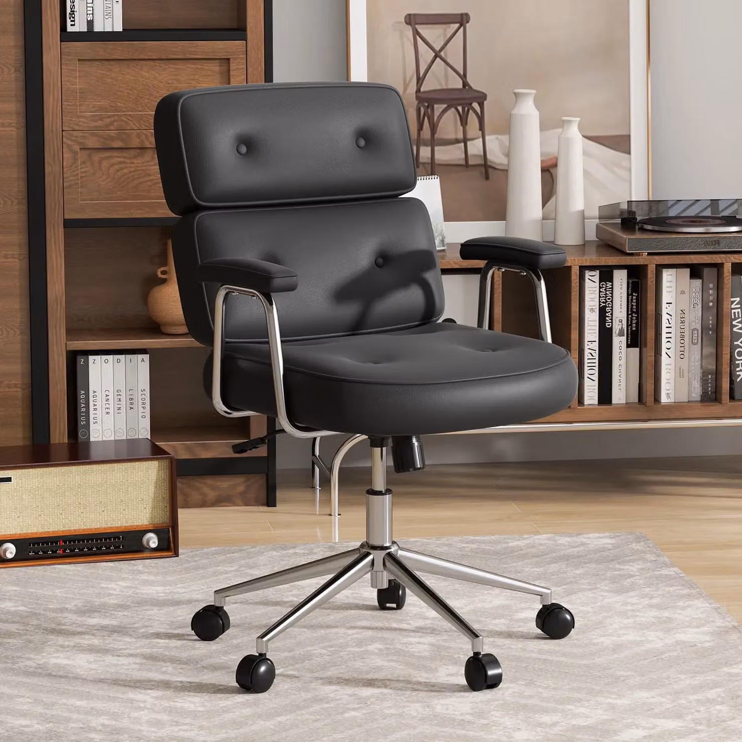 Costway Black PU Leather Upholstered Office Task Chair with Button Tufted Back – 5