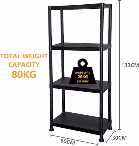 MANTRARAJ Heavy Duty 4 Tier Black Plastic Freestanding Storage Shelving Unit H 133 x W 60 x D 30 cm – 2