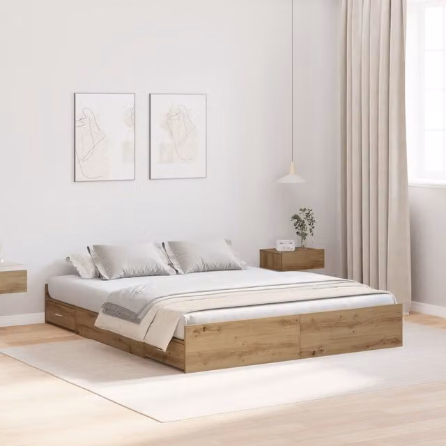 Berkfield Home Artisan Oak Storage Bed Frame with Drawer and Headboard, Brown, W/D/H: 140 x 190 cm