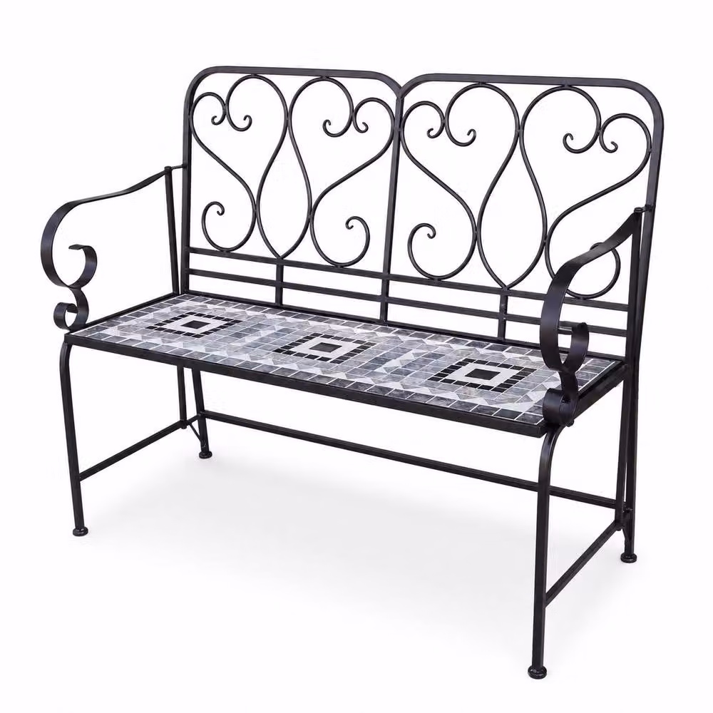 Shatchi Medina Mosaic 2 Seater Garden Bench in Multicolour Metal and Ceramic Tile, W: 112 cm, H: 96 cm, D: 47 cm – 2
