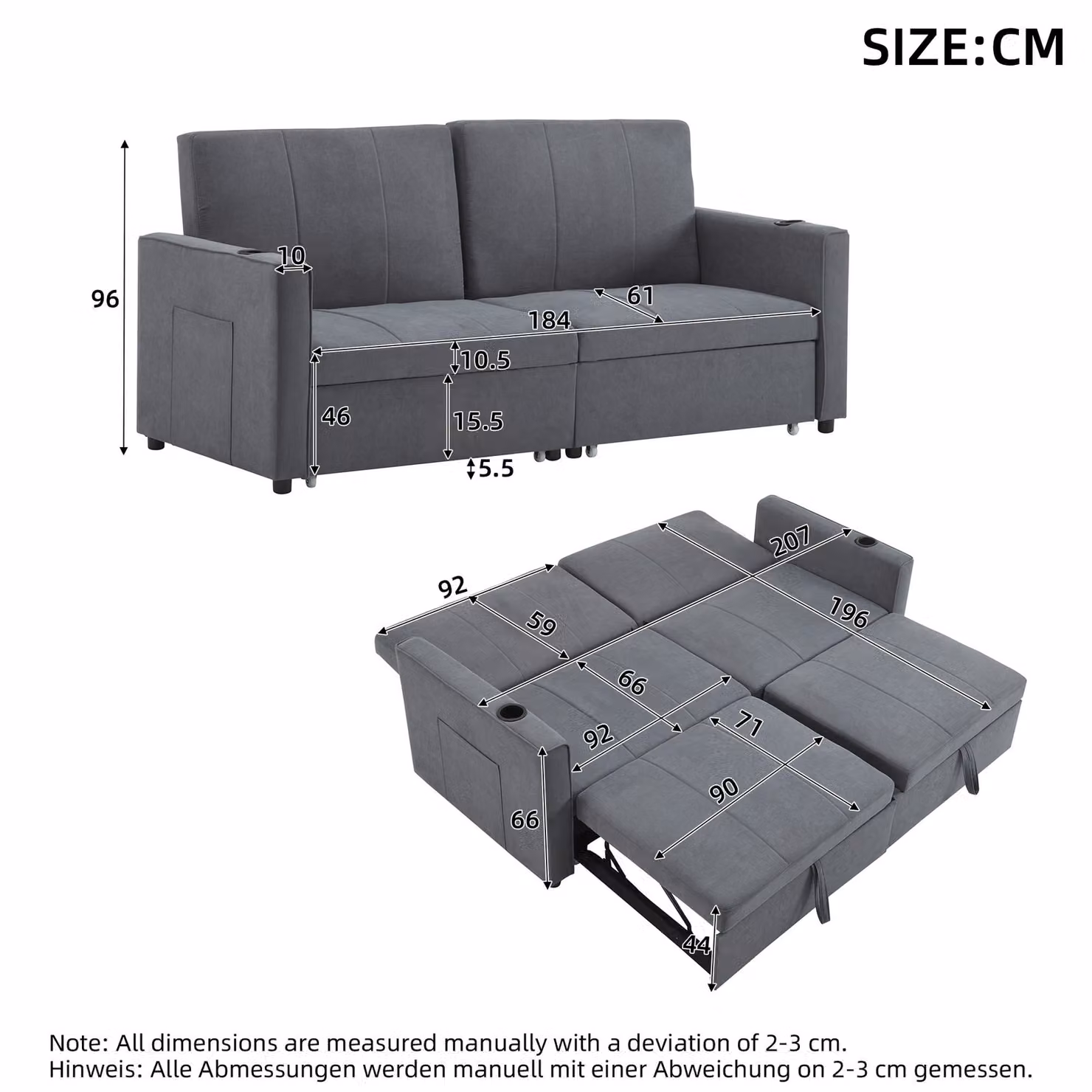 Aosom UK Modern Convertible Fabric Sofa Chair with Cup Holders and Side Pockets, King Size Pull Out Sofa Bed, Grey, W/D/H: 87 x 207 x 96 cm – 3