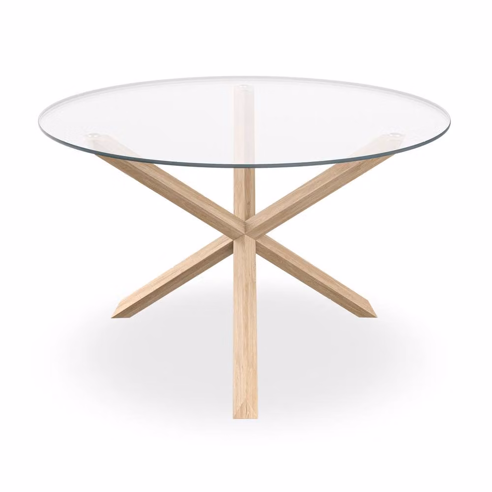 More4Homes Malvern Round Dining Table and Anika Grey Velvet Chair Set, Clear Glass Top with Solid Oak Legs, Diameter: 120 cm, Height: 75 cm – 2