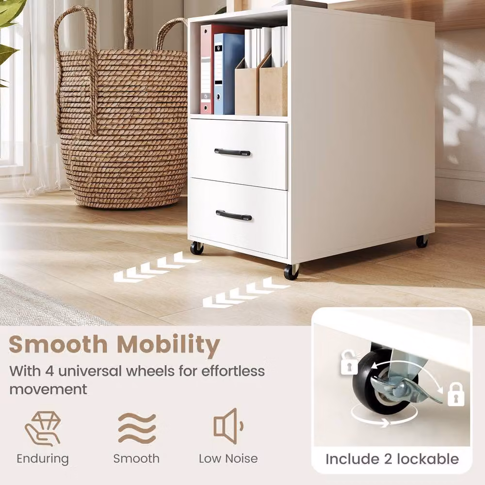 Gymax Rolling End Bedside Table with Storage Drawers and Shelves in White – 4