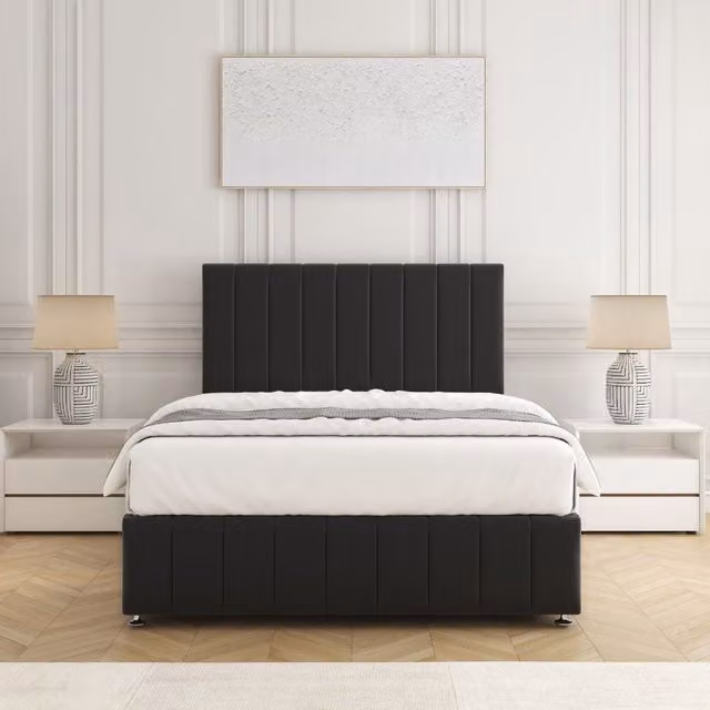 BSSPOKE Sierra Plush Velvet Double Divan Bed Set with 24 inch Headboard and Mattress in Black, W/D/H: 140 x 200 cm