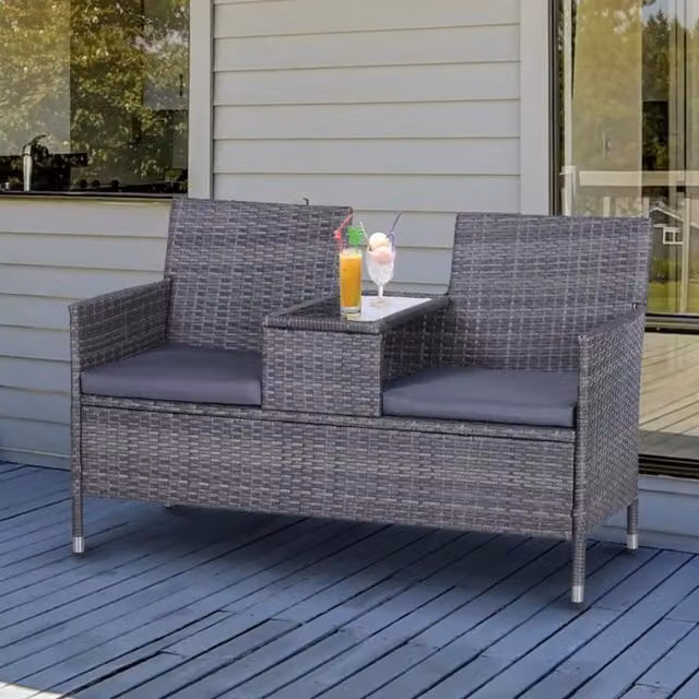 Chilli Seating Grey Rattan 2 Seater Outdoor Garden Bench with Centre Table