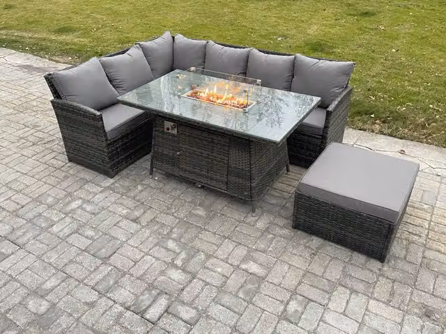Fimous 7 Seater Rattan Garden Furniture Set with High Back Corner Sofa, Gas Fire Pit Dining Table and Footstool in Dark Grey Mixed