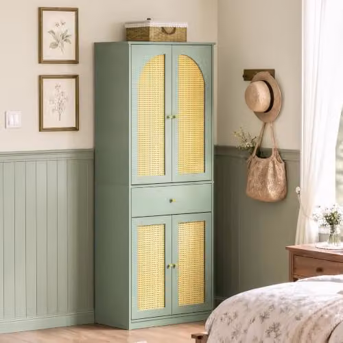 SoBuy Country House Wardrobe with Rattan Doors, Internal Drawers and Hanging Rail in Green and Yellow, H 180 x W 70 x D 40 cm – 2