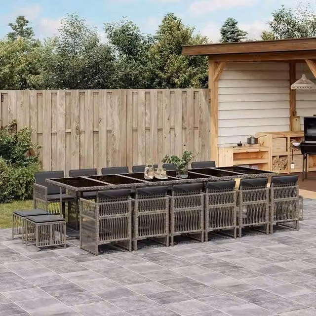 Berkfield Home 17 Piece Grey Poly Rattan Garden Dining Set with Cushions and Glass Table – 1