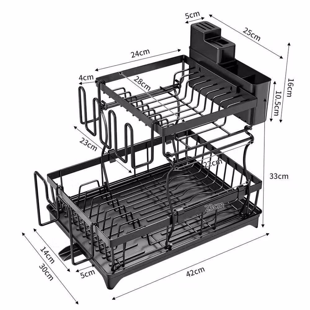 FORGEVIO 2 Tier Kitchen Dish Drainer Rack with Cutlery Holder and Drip Tray, Black – 2