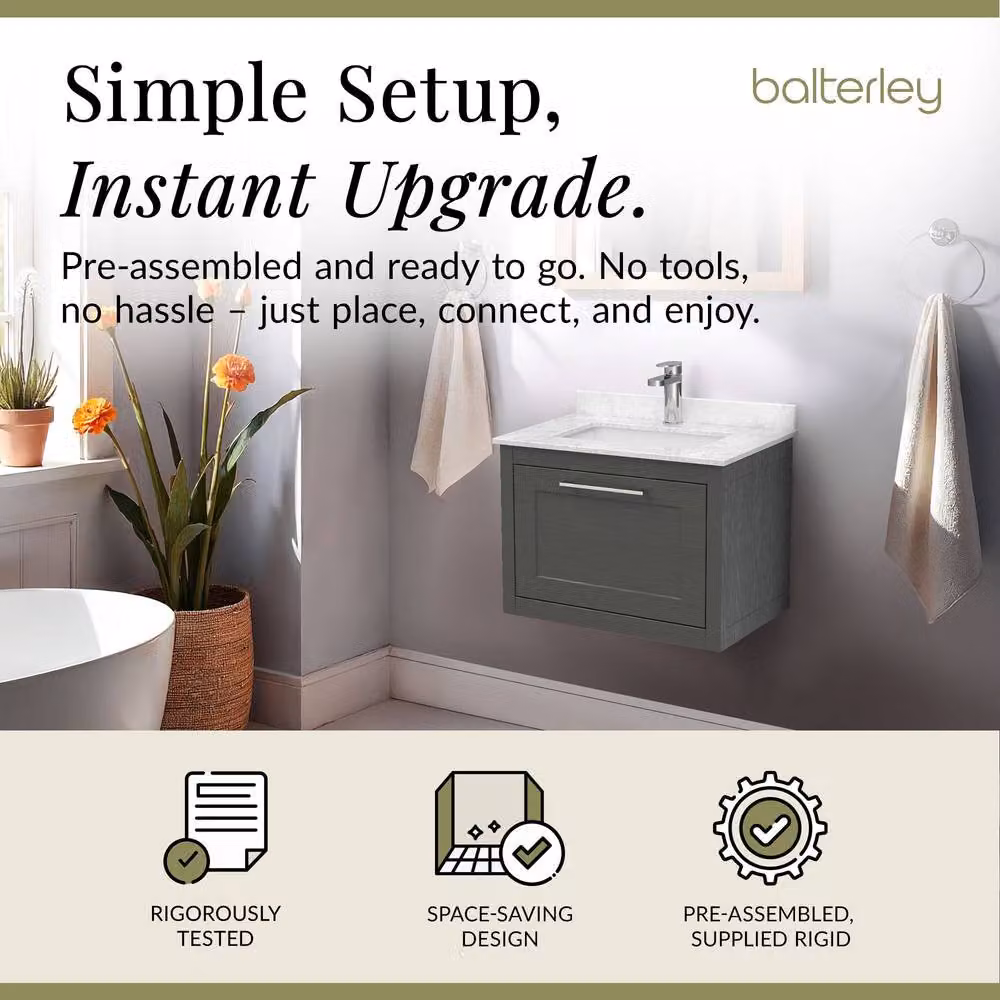 Balterley Blithbury 1 Drawer Vanity Basin Unit, Dark Grey Woodgrain with White Stone Top, Width: 60 cm – 2