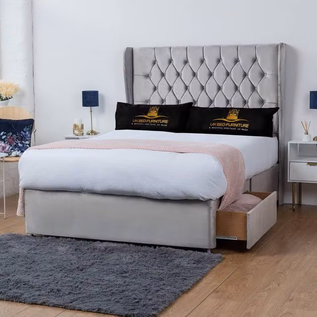 UK Bed Furniture Mary Silver Velvet Wingback Divan Bed with 2 Drawers and 54 Inch Headboard, Small Double, W/D/H: 120 x 200 cm