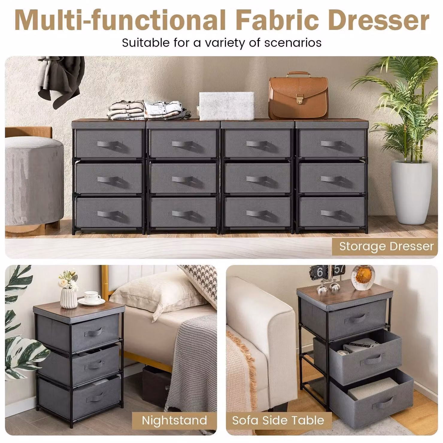 Costway 3-Tier Fabric Chest of Drawers with Metal Frame, Grey – 6