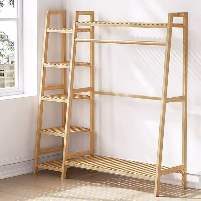 FORGEVIO Large Wooden Clothes Rail Rack Garment Hanging Stand in Brown and Beige, W: 50 cm, H: 140 cm