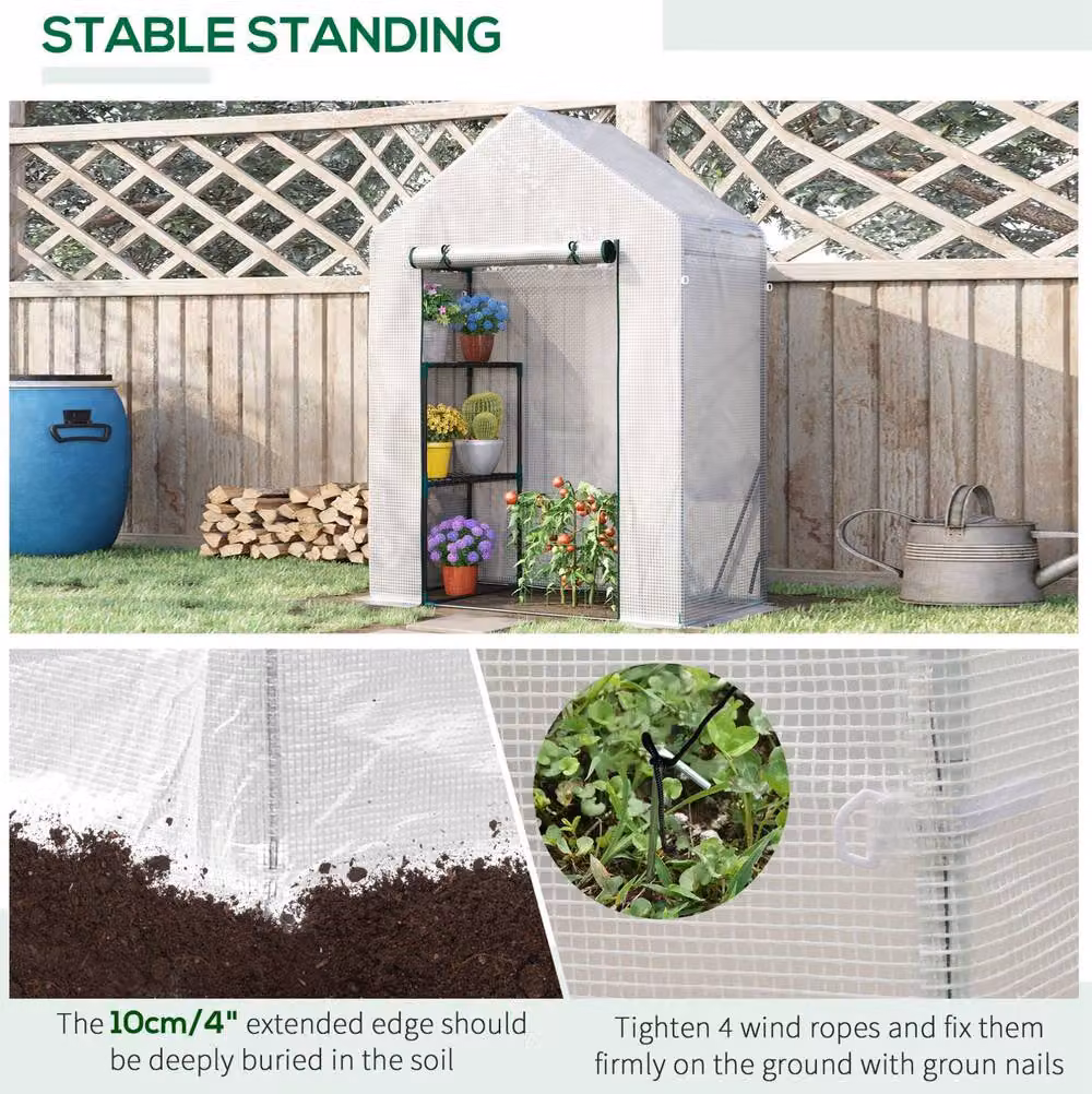 STILVORA Walk-In Greenhouse with 2-Tier Shelving in White, H 195 x W 143 x D 73 cm – 3