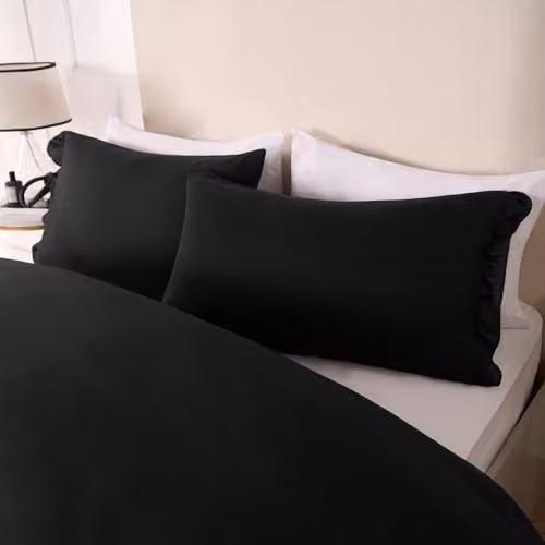 OHS King Size Microfibre Frill Edge Duvet Cover and Pillowcase Set, Black, W/D/H: 180 x 200 cm, Pillowcases: 50 x 75 cm