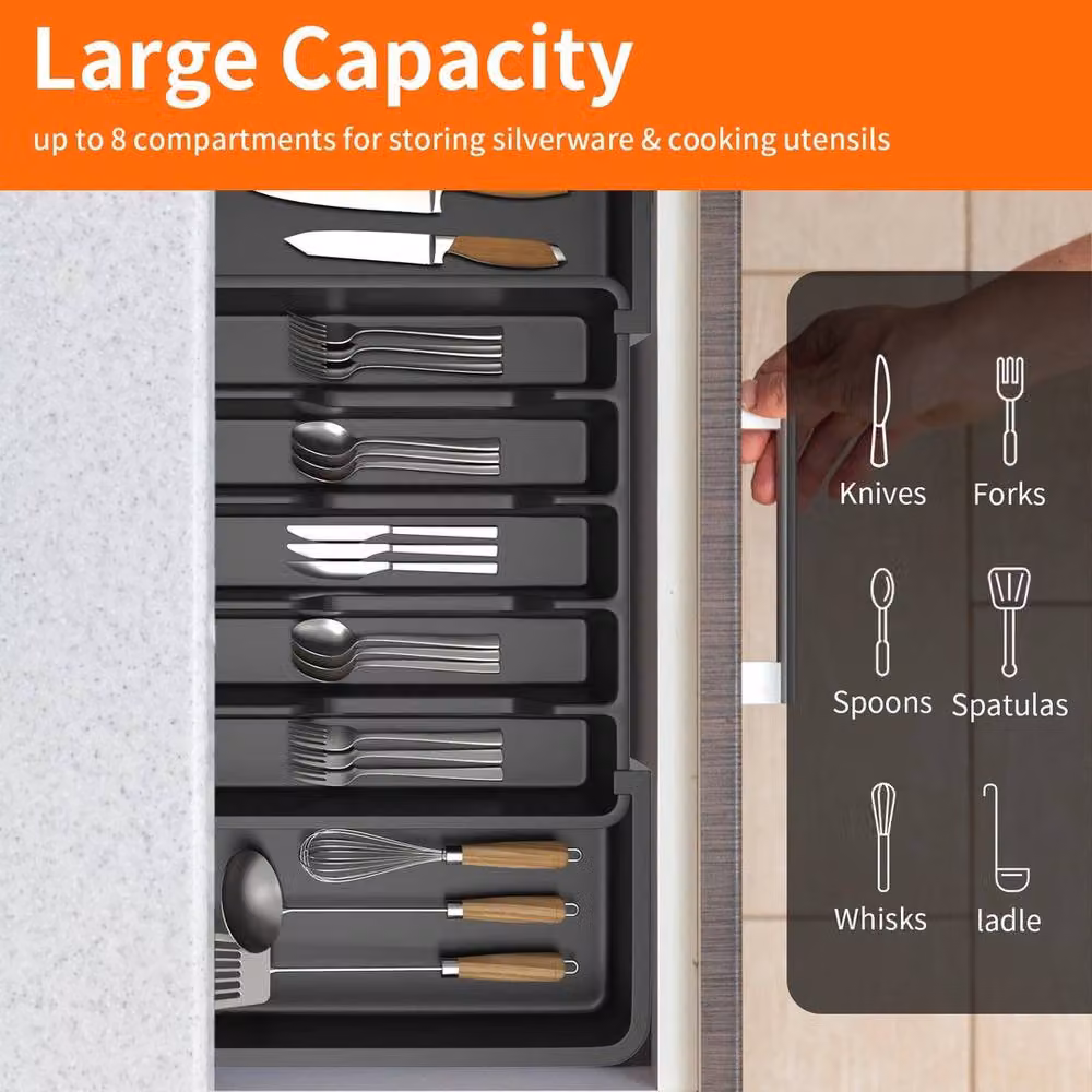 FLAVORA Black Plastic Cutlery Tray and Kitchen Drawer Organiser, W: 100 cm, D: 15 cm, H: 15 cm – 3