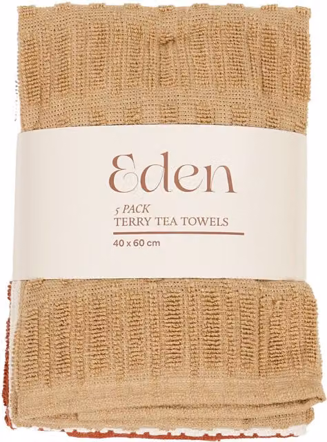 Eden Pack of 5 Terry Tea Towels in Beige