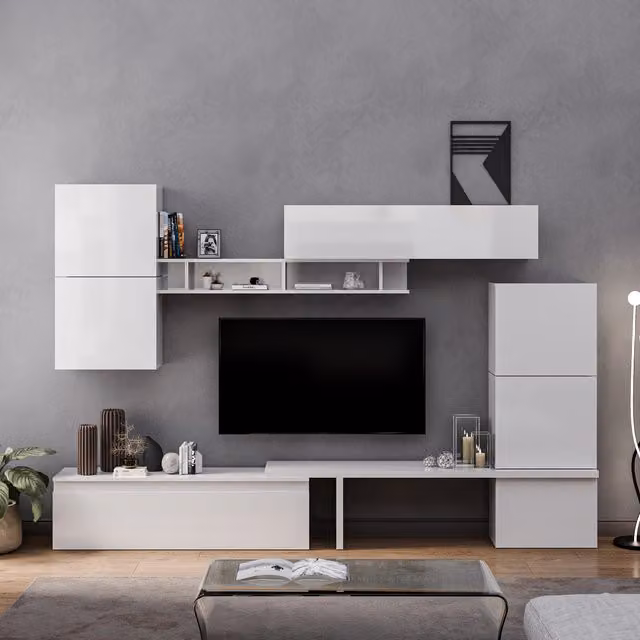 Decorotika Malaga Modern Wall Mounted Entertainment Center in High Gloss White