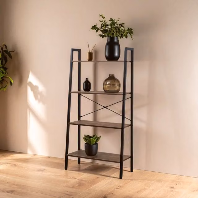 Orsina Four Tier Oak Veneer Ladder Shelf Unit in Dark Brown, H 131.0 x W 64.0 x D 64.0 cm – 1