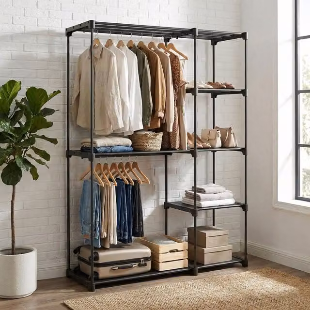 SONGMICS Freestanding Wardrobe with Hanging Rod and Internal Shelves, Black, W/D/H: 112 x 43 x 165 cm