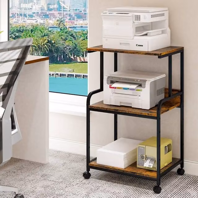 Huhote 3-Tier Rolling Printer Stand with Adjustable Shelves in Brown