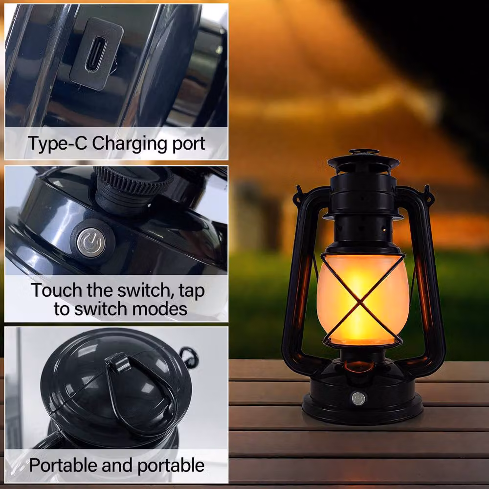 INMTFEI Vintage Rechargeable LED Hurricane Lantern, Dimmable Warm White Tabletop Camping Lamp in Black and Bronze – 8