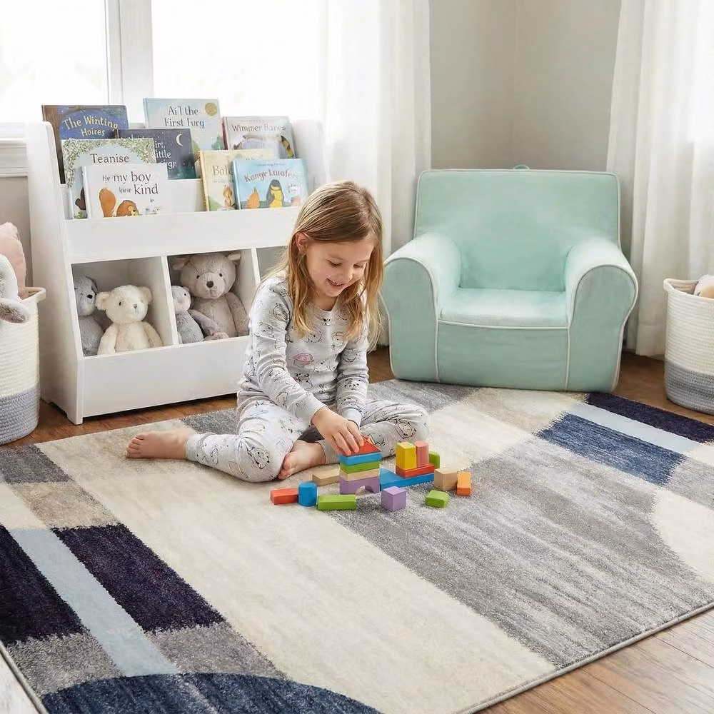 MCC Direct Modern Abstract Rectangular Microfibre Rug in Blue and Multicolour, W: 80 cm, L: 150 cm – 5