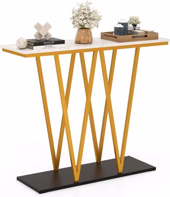 Costway Modern Console Table with Faux Marble Top and Gold X-Frame in White – 1