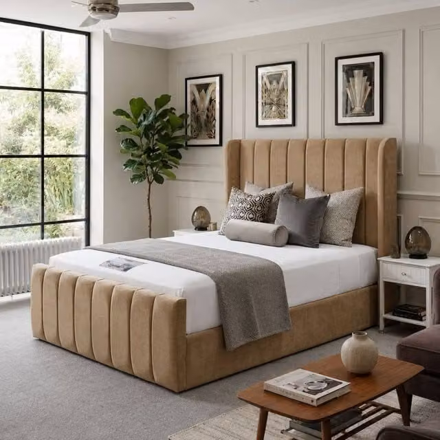 Stratus Interiors Oulton Premium Wingback Panelled Upholstered Bed Frame in Brown, Size: Double (W/D/H: 140 x 200 x 145 cm)