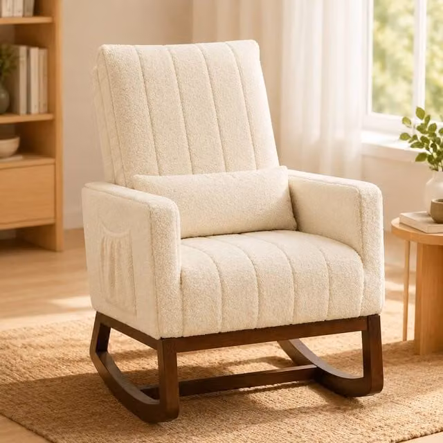 STILVORA Modern Bouclé Rocking Chair with Solid Wood Frame and Armrests in Beige – 1