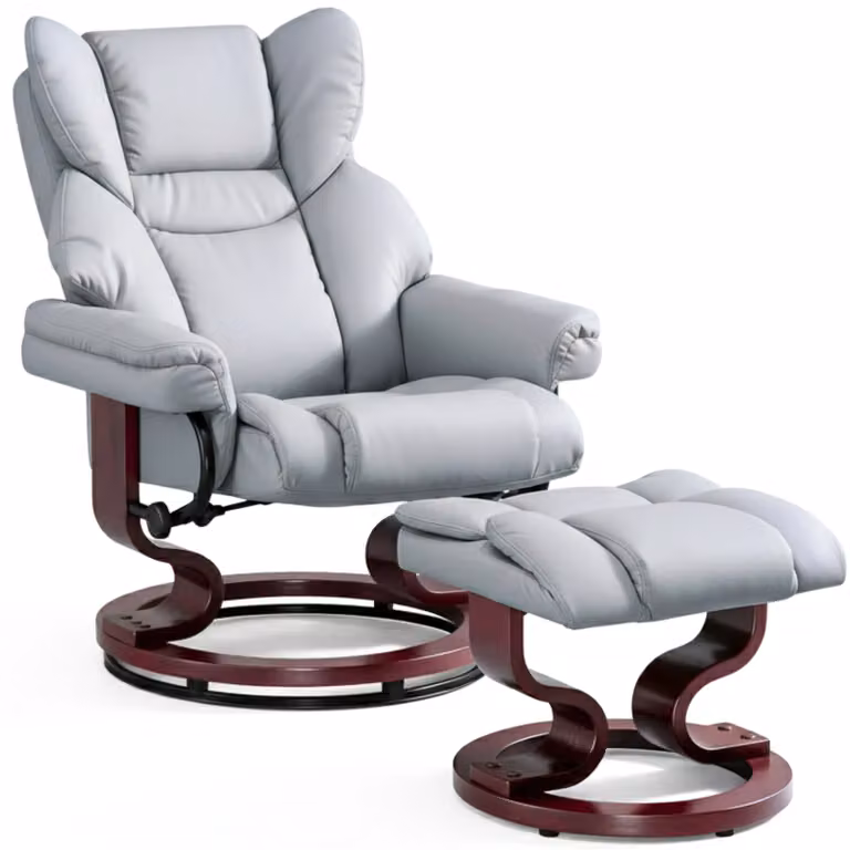 DHS Grey PU Leather Swivel Recliner Armchair with Integrated Footstool