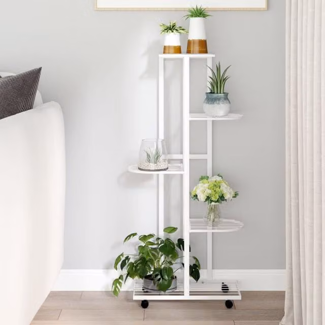 Berkfield Home 5-Tier Metal Flower Stand with Wheels, White, W: 44 cm, D: 23 cm, H: 100 cm