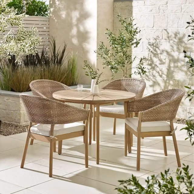 FurnitureboxUK Tari Round Acacia Wood Table and 4 Asa Wicker Chairs Outdoor Dining Set in Natural Brown and Beige