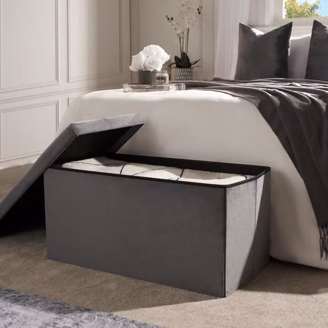 OHS Grey Velvet Folding Ottoman Storage Box