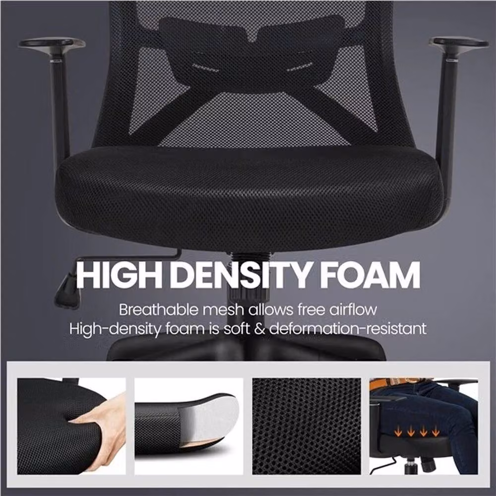 VOGREX Black Ergonomic Fabric Swivel Office Chair with Headrest and Armrests – 4