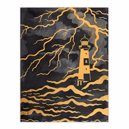 Artery8 Lighthouse Lightning Storm Gold Contrast Wall Art Poster Print on Thick Paper, 46 x 61 cm – 1
