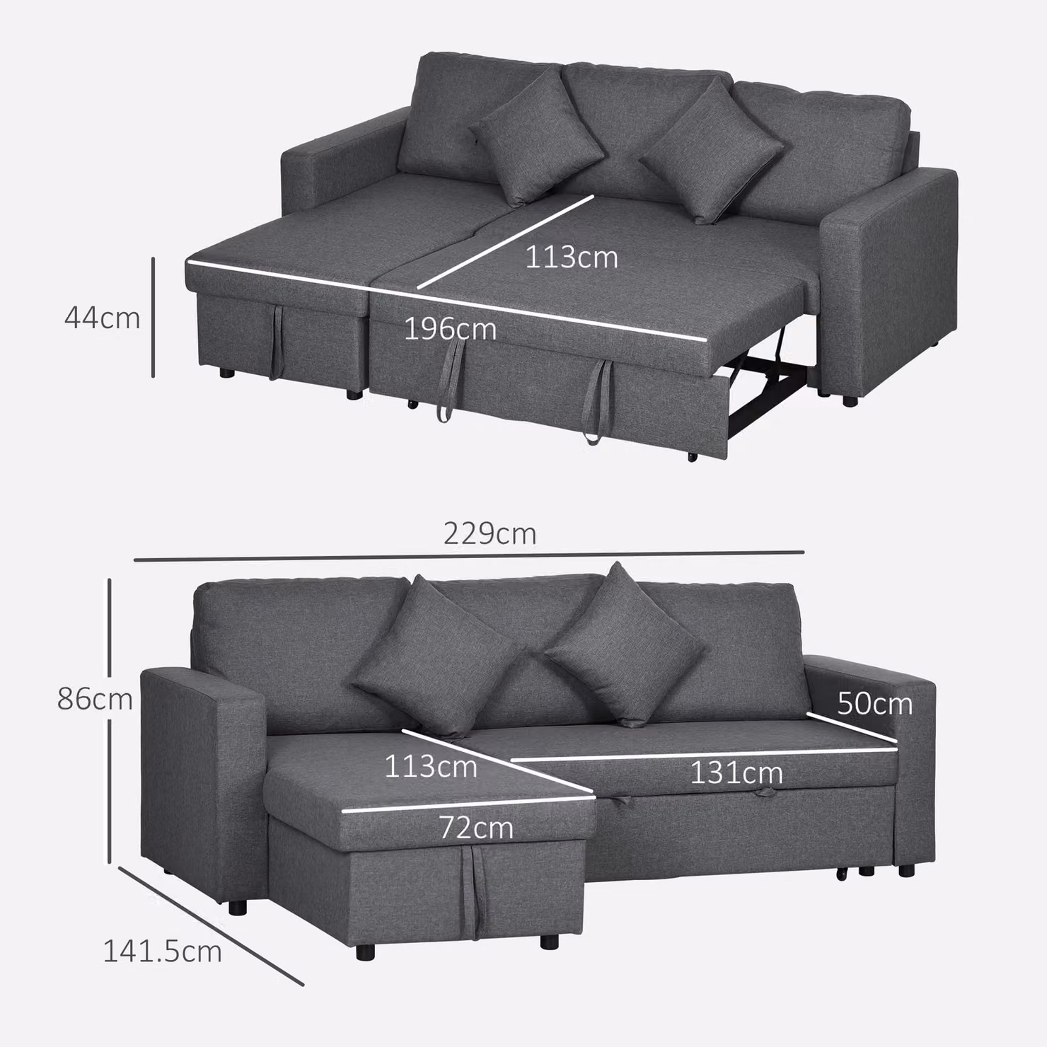 HOMCOM 3 Seater L-Shape Corner Sofa Bed with Storage in Dark Grey – 3