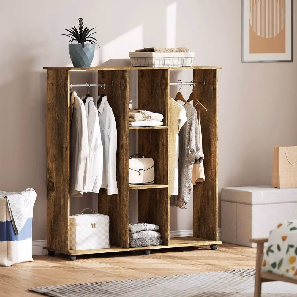 PAWNORA Mobile Double Open Wardrobe with Clothes Hanging Rail, Brown, W: 100 cm, D: 15 cm – 3