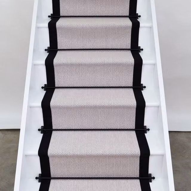 RainbowHome Chelsea Herringbone Wool Stair Runner with Black Cotton Border in Cream, W: 70 cm, L: 700 cm