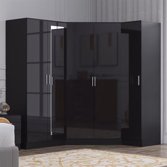 Reflect 3 Piece Wardrobe Bundle in Black Gloss and Black Oak, featuring a 2 Door Corner, 2 Door Mirrored and 1 Door Plain Wardrobe, H: 180 cm x W: 179 cm x D: 103 cm